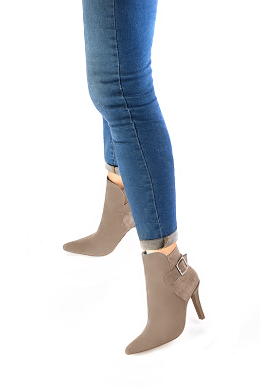 French elegance and refinement for these tan beige dress booties, with buckles at the back, 
                available in many subtle leather and colour combinations. Customise or not, with your materials and colours.
This charming ankle boot fits snugly around the ankle and can replace a pump.
For fans of fine and feminine models.  
                Matching clutches for parties, ceremonies and weddings.   
                You can customize these buckle ankle boots to perfectly match your tastes or needs, and have a unique model.  
                Choice of leathers, colours, knots and heels. 
                Wide range of materials and shades carefully chosen.  
                Rich collection of flat, low, mid and high heels.  
                Small and large shoe sizes - Florence KOOIJMAN